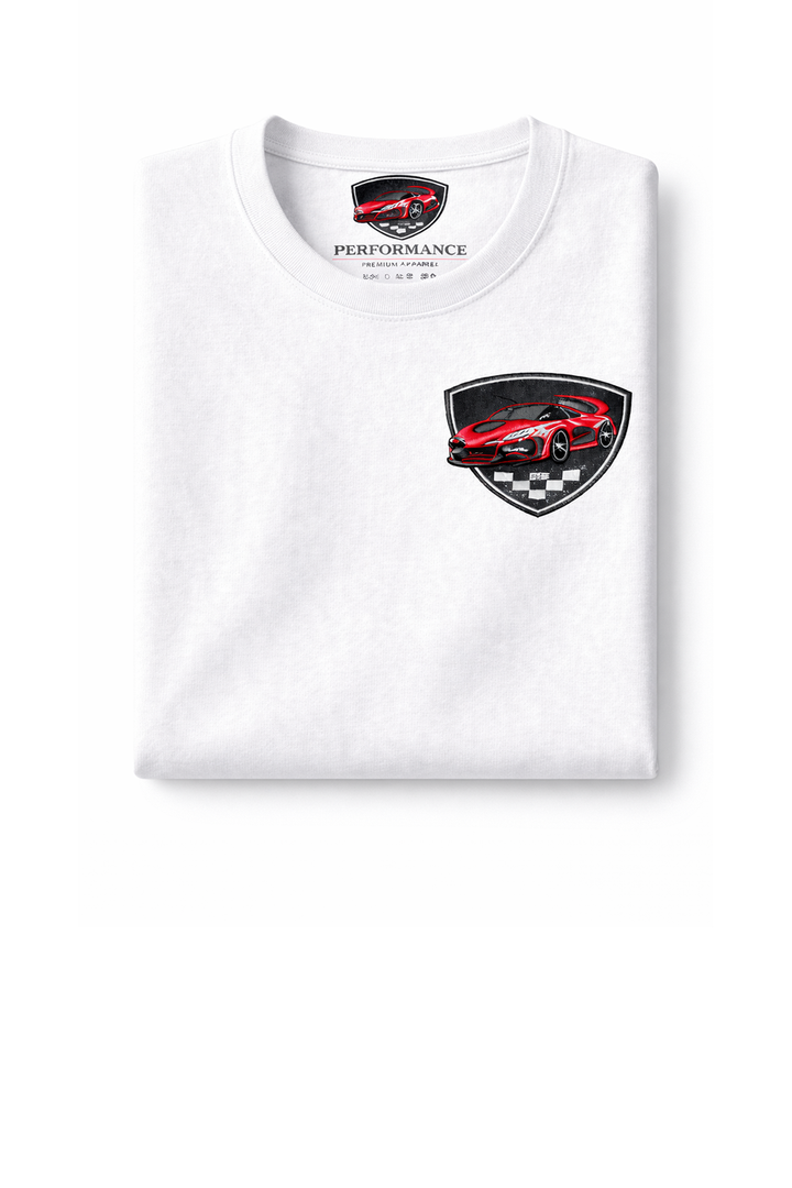 White t-shirt with dtg printed car logo on chest
