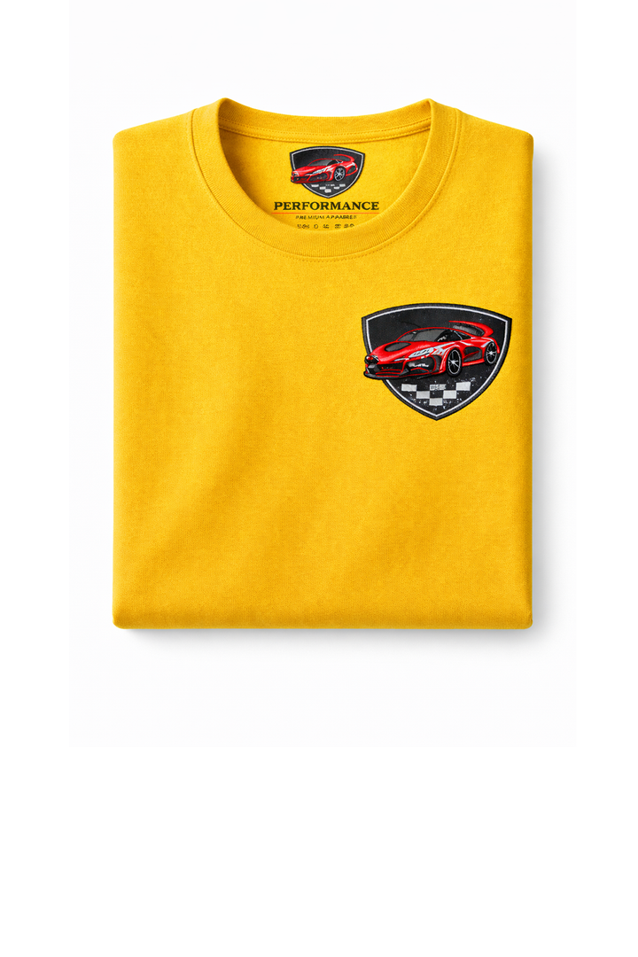 Yellow t-shirt with dtg printed car logo on chest