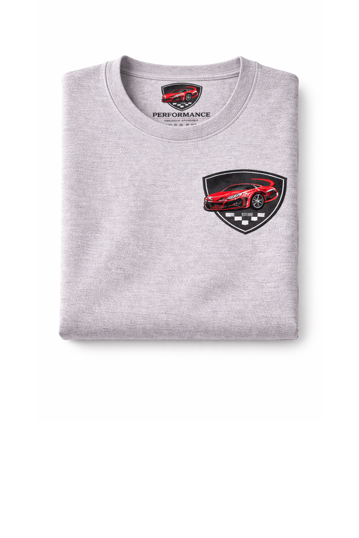 Grey t-shirt with dtg printed car logo on chest
