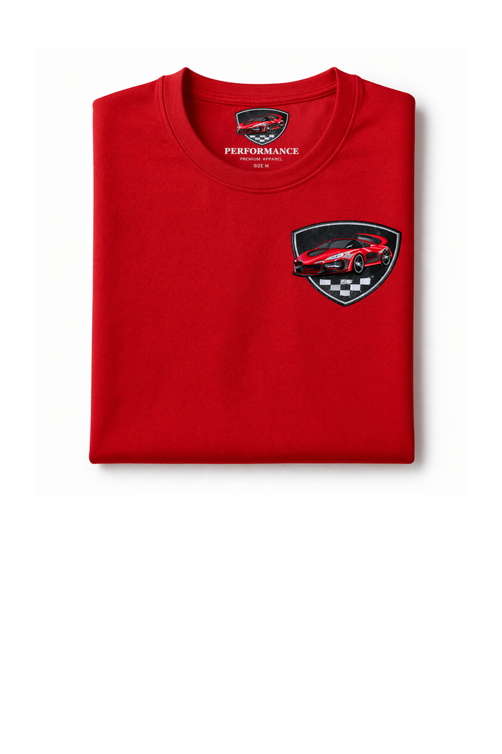 Red t-shirt with dtg printed car logo on chest