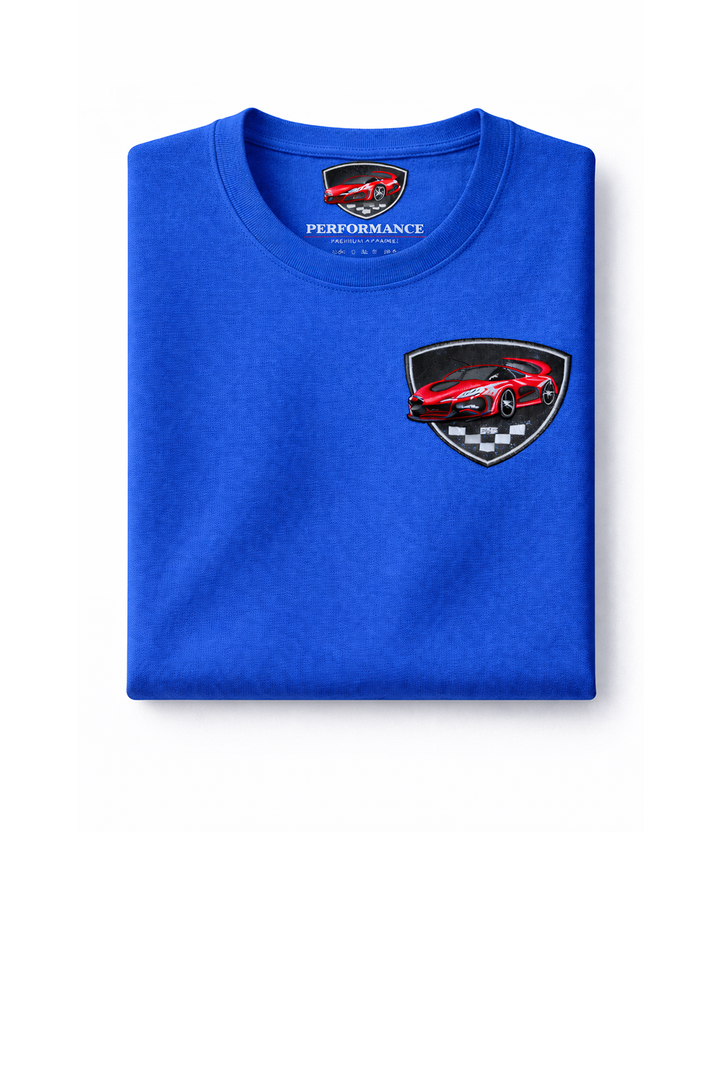 Blue t-shirt with dtg printed car logo on chest