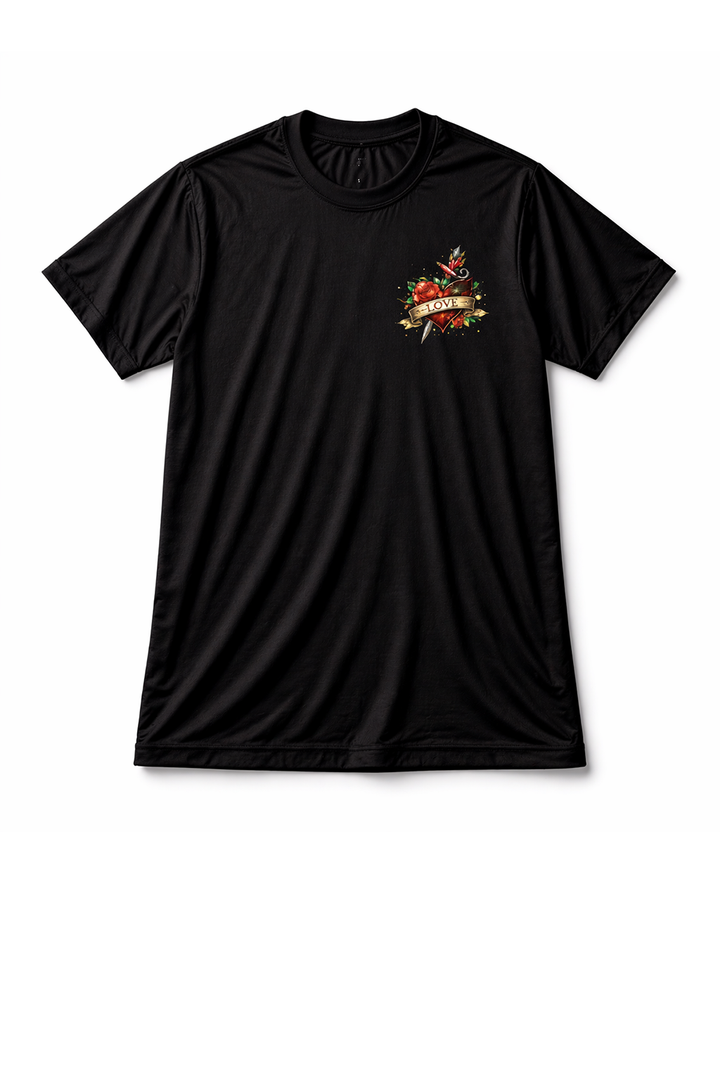 Black t-shirt with dtg printed small chest logo design