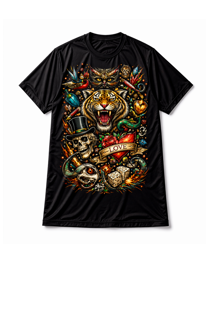 Black t-shirt with dtg printed detailed tiger illustration design