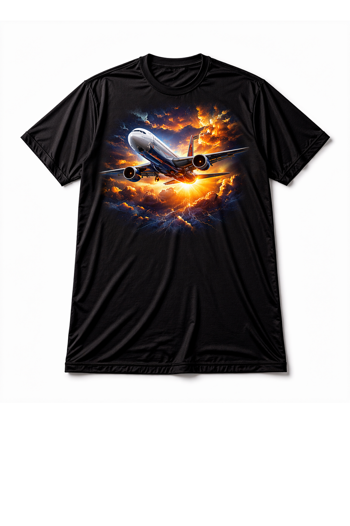 Black t-shirt with dtg printed airplane and sky design