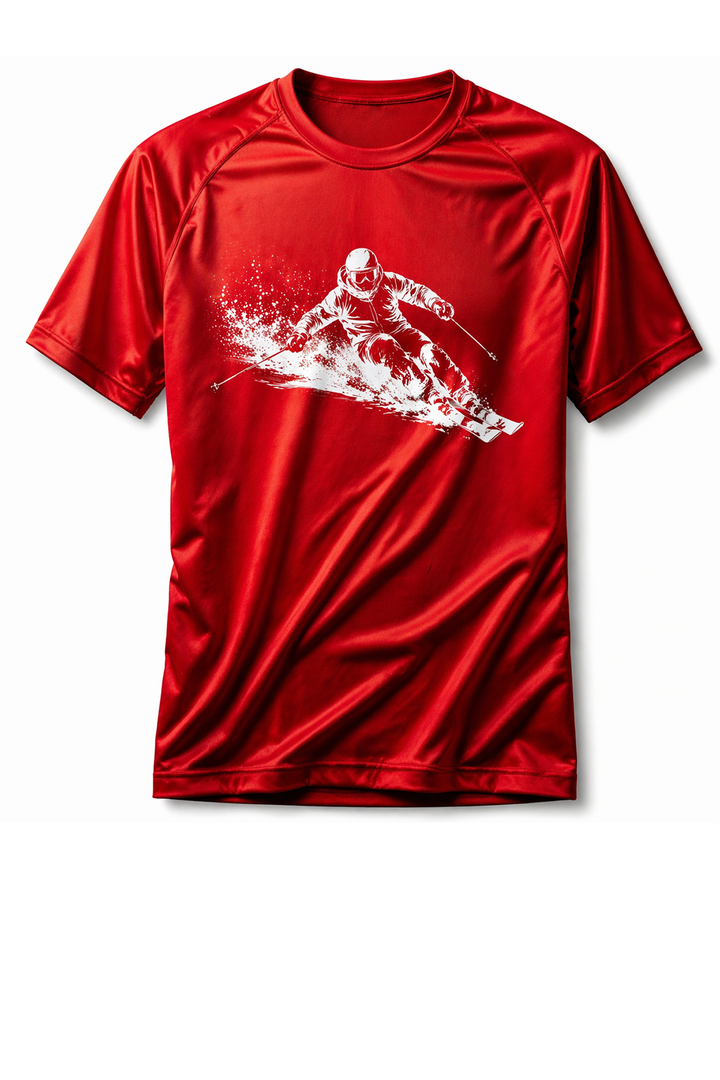 Red performance t-shirt with dtg printed skier action design