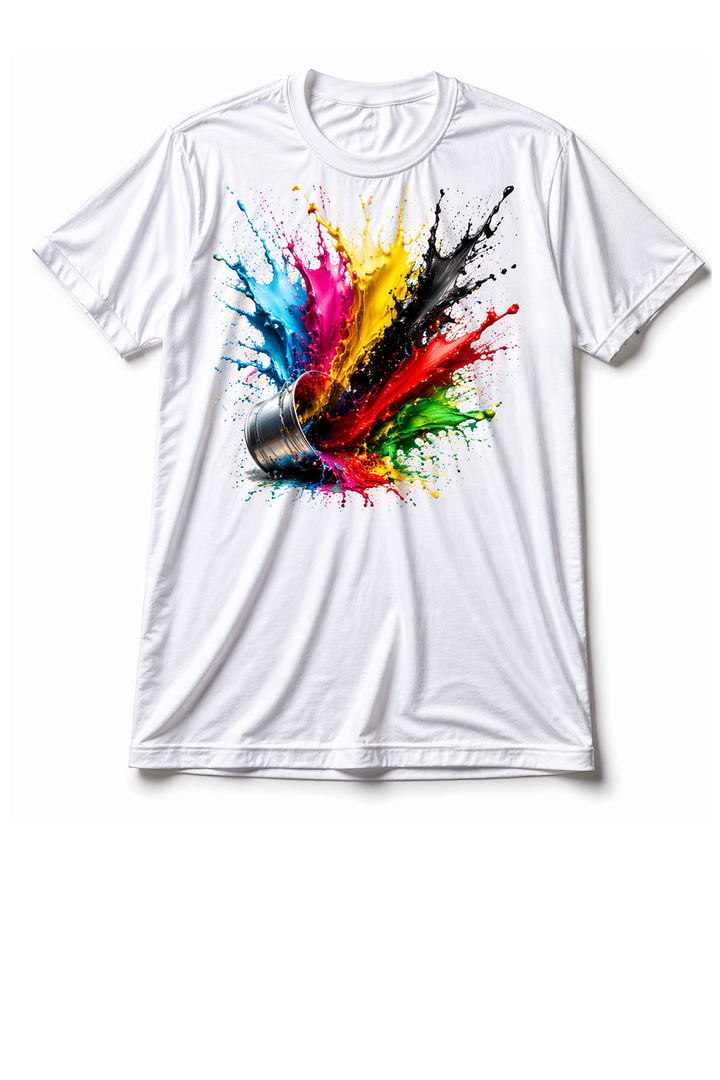 White performance t-shirt with dtg printed colorful splash design